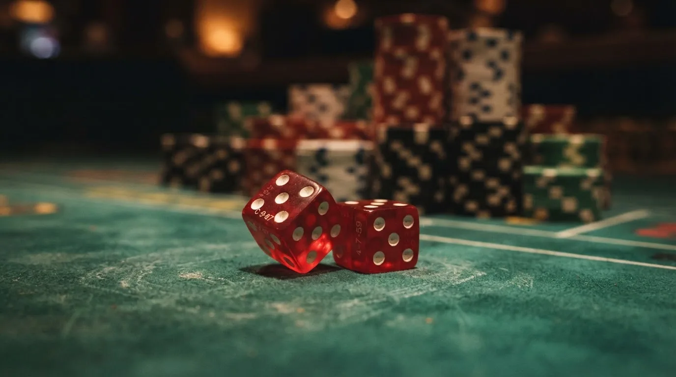 Röda tärningar vilar på grönt filt, bakom dem suddiga torn av spelmarker i kvällsdunklet — casinon med låg insättning