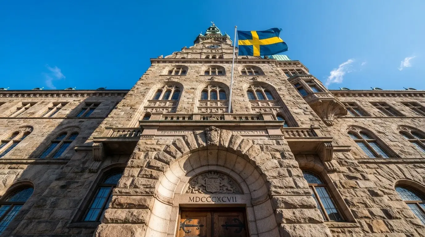 Ett gammalt stadshus i sten fotograferat underifrån mot en klarblå himmel, med den svenska flaggan som fladdrar ovanför entrén.