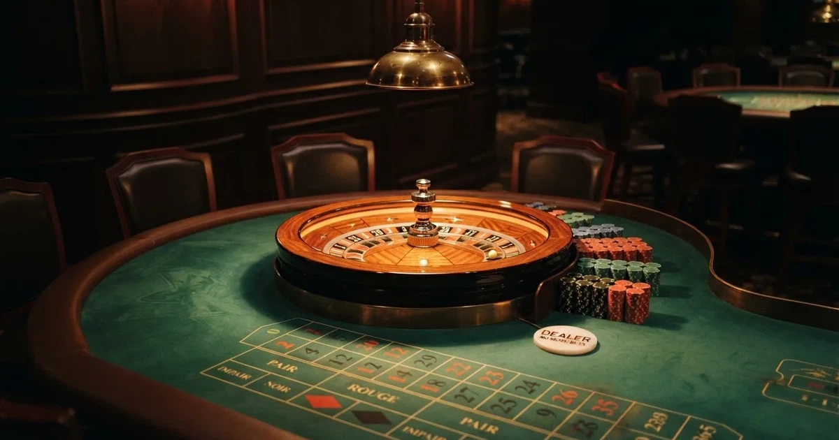 Ett ovalt pokerbord under en lågt hängande lampa, med spelmarker och en vit bricka i ljuset — casinon med roulette i sverige