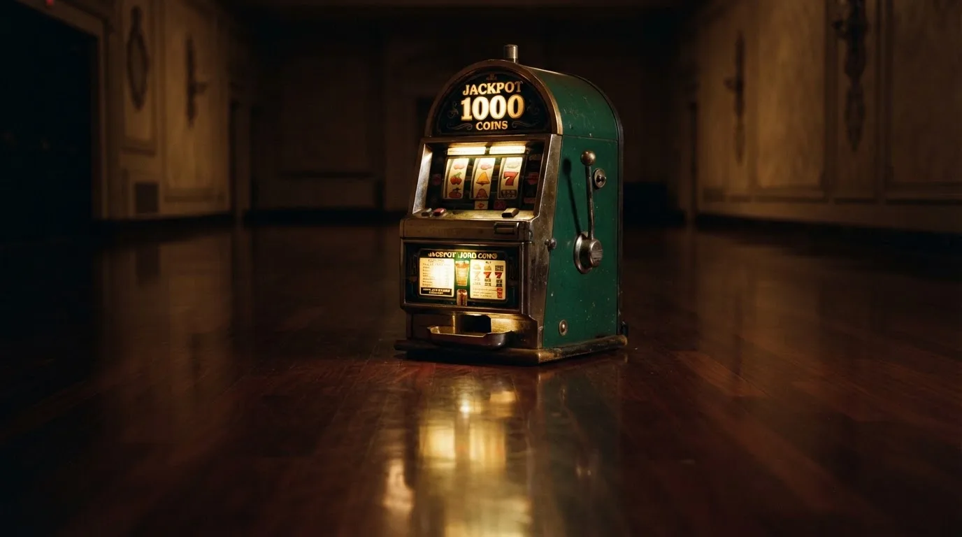 En gammal spelautomat lyser i den dunkla hallen och speglar sig i golvet — casinon med slots i sverige