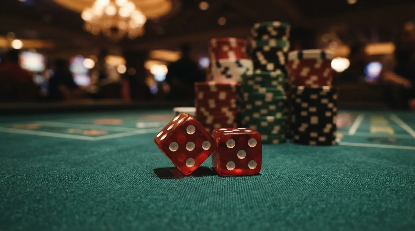 Röda tärningar vilar på grönt filt, bakom dem suddiga torn av spelmarker i kvällsdunklet — casinon med spelautomater i sverige