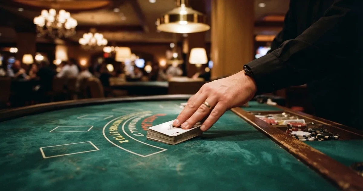 Croupierens händer blandar kort på grönt filt, taklampan speglas i den blanka kortbunten — casinon med störst vinstchans