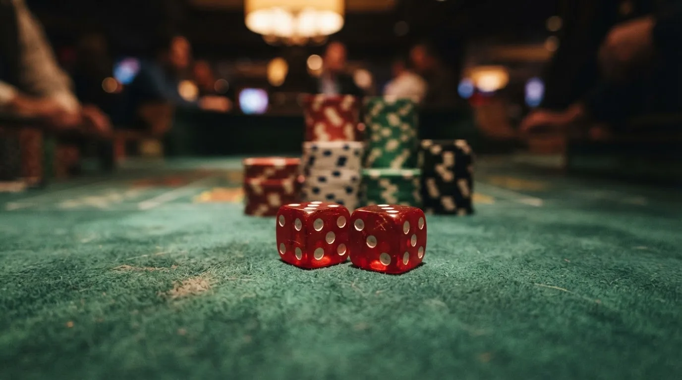 Röda tärningar vilar på grönt filt, bakom dem suddiga torn av spelmarker i kvällsdunklet — casinon med uttag i sverige