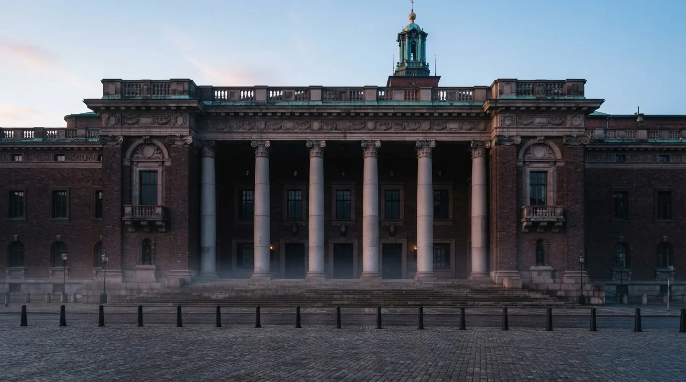 Stenfasad på en statlig byggnad i Stockholm vid gryning, höga pelare och ett tomt torg framför — casinon med uttag i sverige