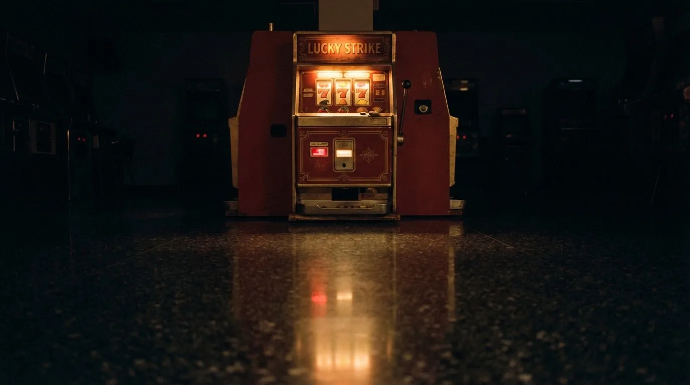 En gammal spelautomat lyser i den dunkla hallen och speglar sig i golvet — casinon med välkomsterbjudande