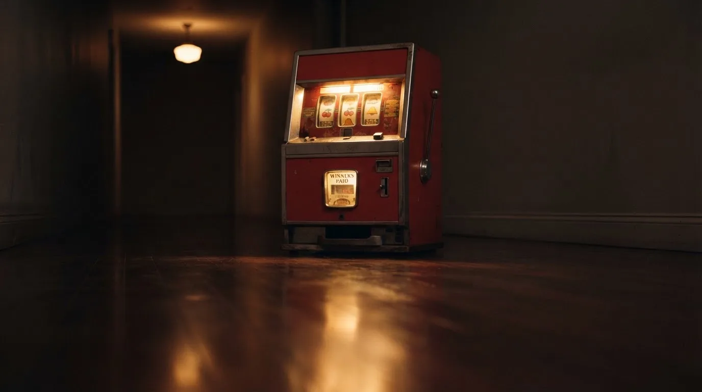 En gammal spelautomat lyser i den dunkla hallen och speglar sig i golvet — casinon utan bankid i sverige