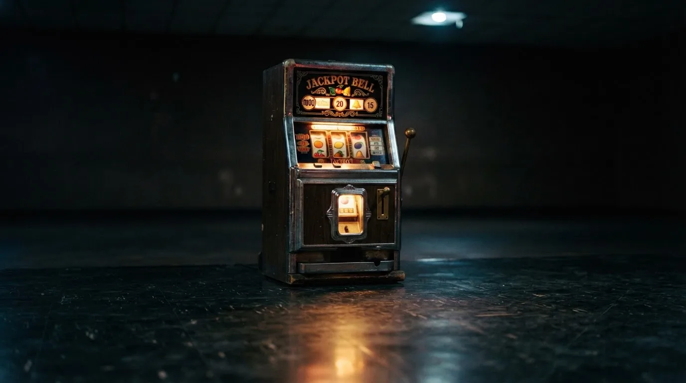 En gammal spelautomat lyser i den dunkla hallen och speglar sig i golvet — casinon utan omsättningskrav