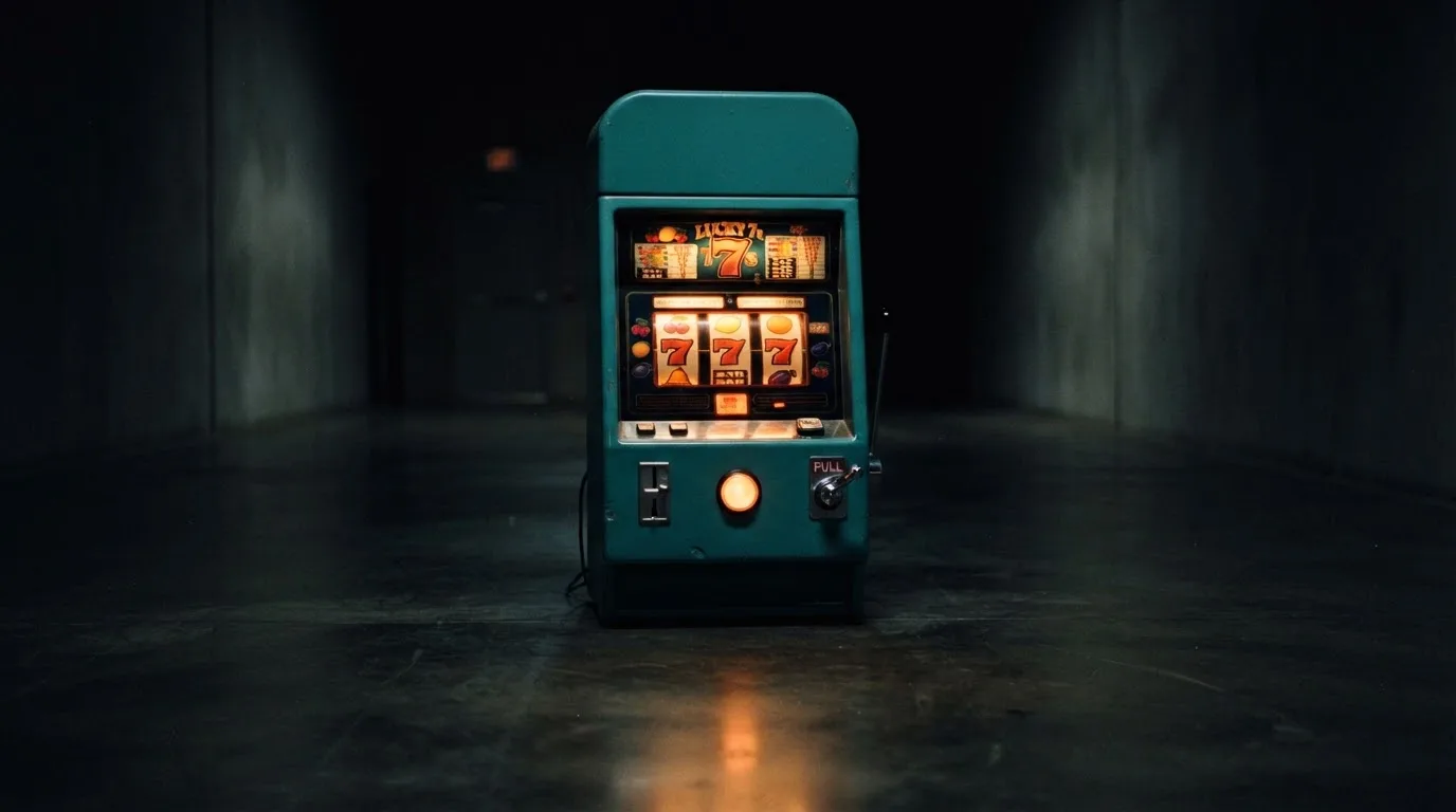 En gammal spelautomat lyser i den dunkla hallen och speglar sig i golvet — casinon utan spelgräns i sverige
