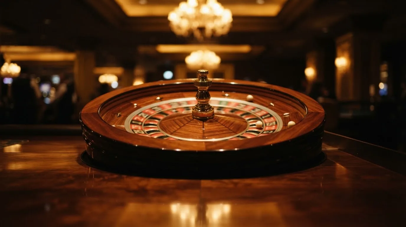 Ett roulettehjul snurrar på ett blankt träbord, den vita kulan glimmar i takljusets guld — casinon utomlands för svenskar