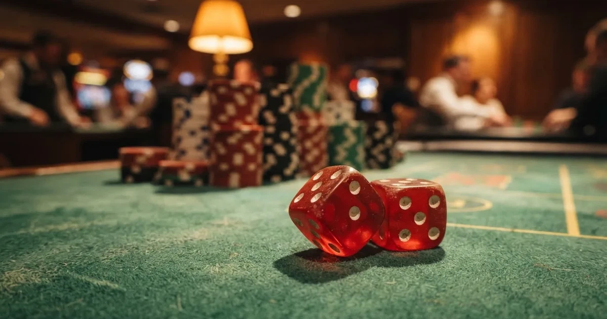 Röda tärningar vilar på grönt filt, bakom dem suddiga torn av spelmarker i kvällsdunklet — casinospel i sverige