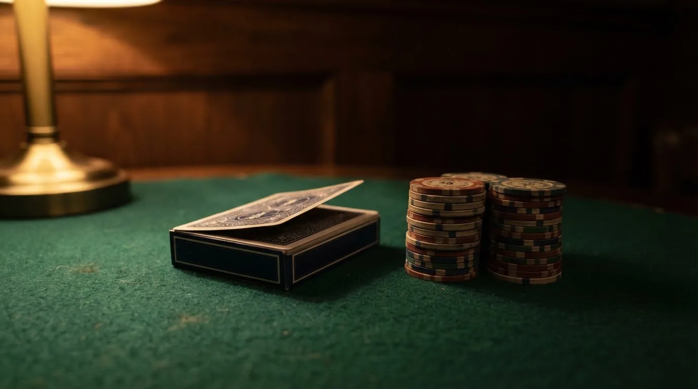 Kortlek och staplar av spelmarker på ett grönt filtbord i en dunkel salong, varmt lampsken — casinostugan för svenskar
