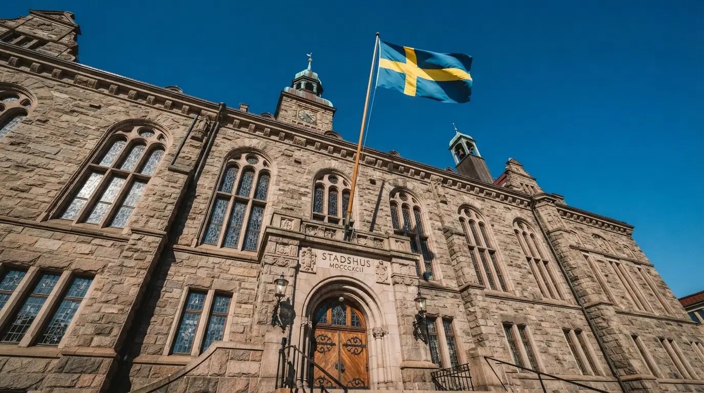 Ett gammalt stadshus i sten fotograferat underifrån mot en klarblå himmel, med den svenska flaggan som fladdrar ovanför entrén.