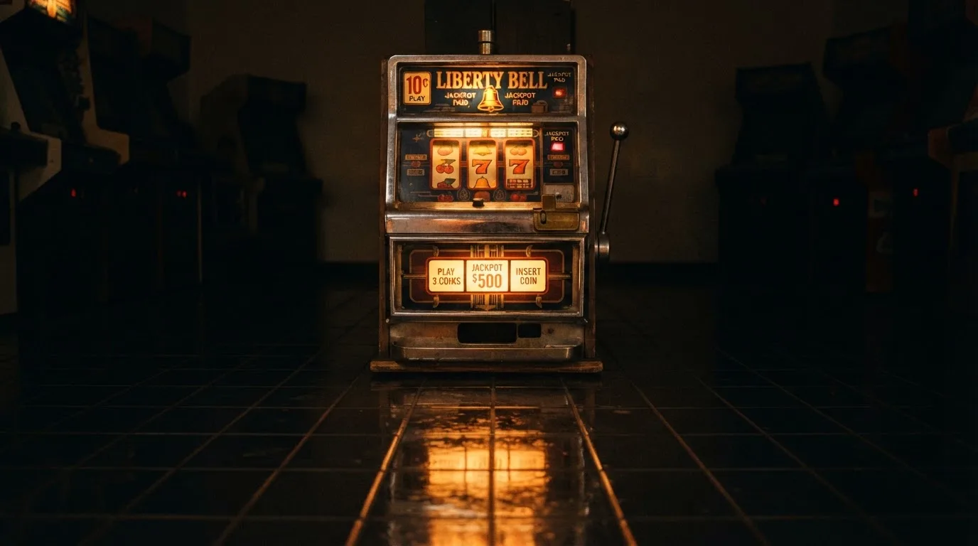 En gammal spelautomat lyser i den dunkla hallen och speglar sig i golvet — hur fungerar casino på nätet
