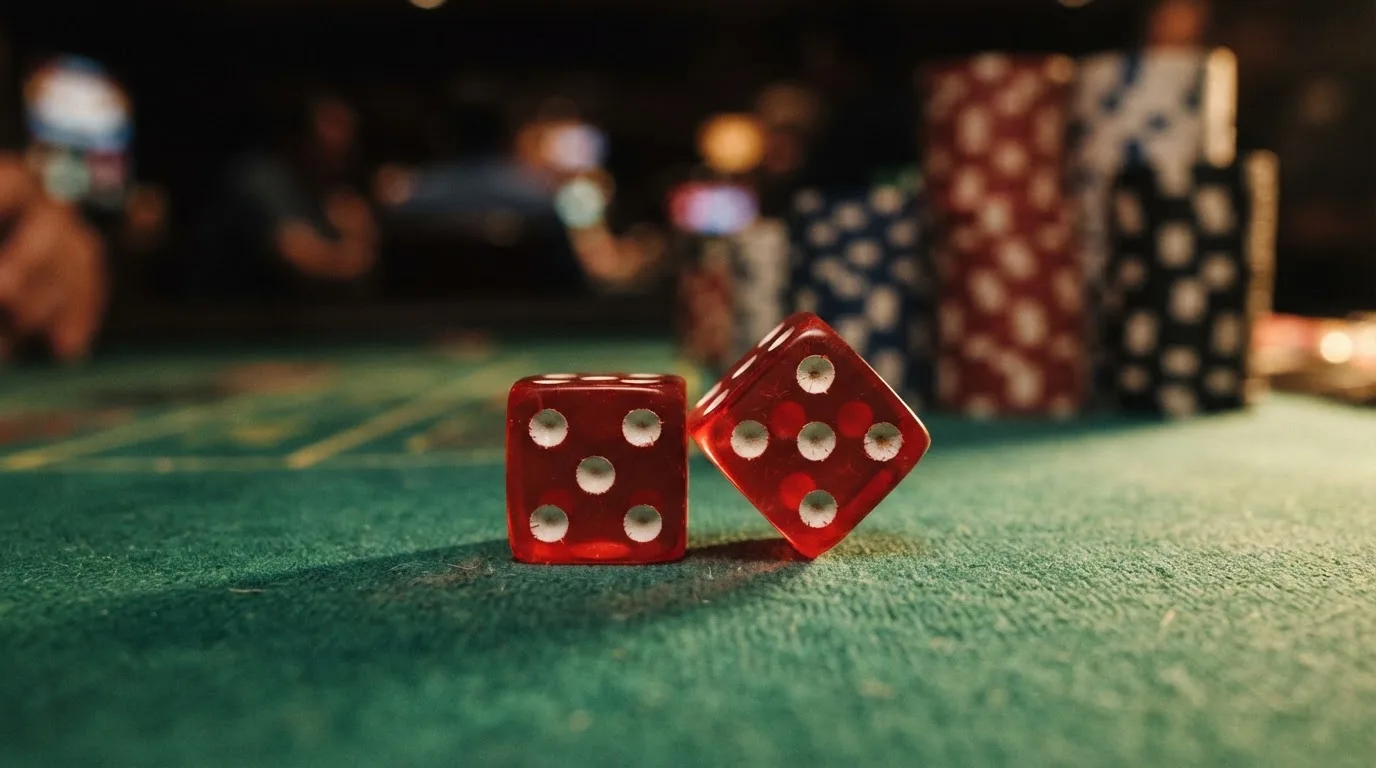 Röda tärningar vilar på grönt filt, bakom dem suddiga torn av spelmarker i kvällsdunklet — hur man vinner på casino