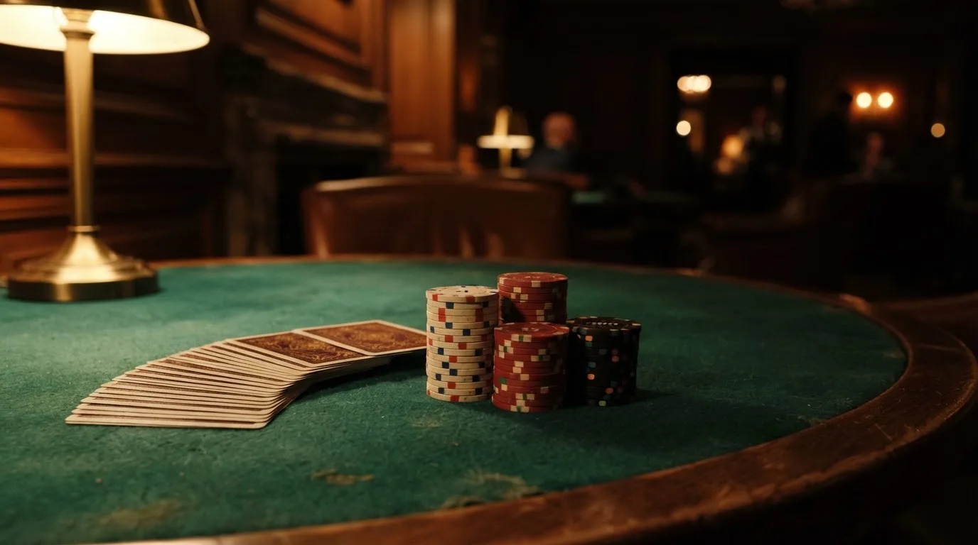 Kortlek och staplar av spelmarker på ett grönt filtbord i en dunkel salong, varmt lampsken — jämförelse av casinon i sverige