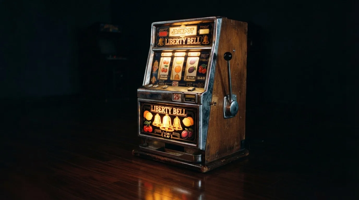 En gammal spelautomat lyser i den dunkla hallen och speglar sig i golvet — kampanjer på casinon i sverige