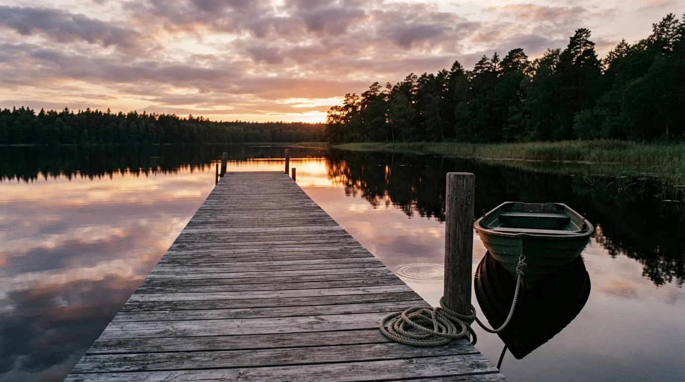 En brygga vid en stilla sjö i solnedgång, roddbåten förtöjd och molnen speglas i vattnet — kasinospel i sverige