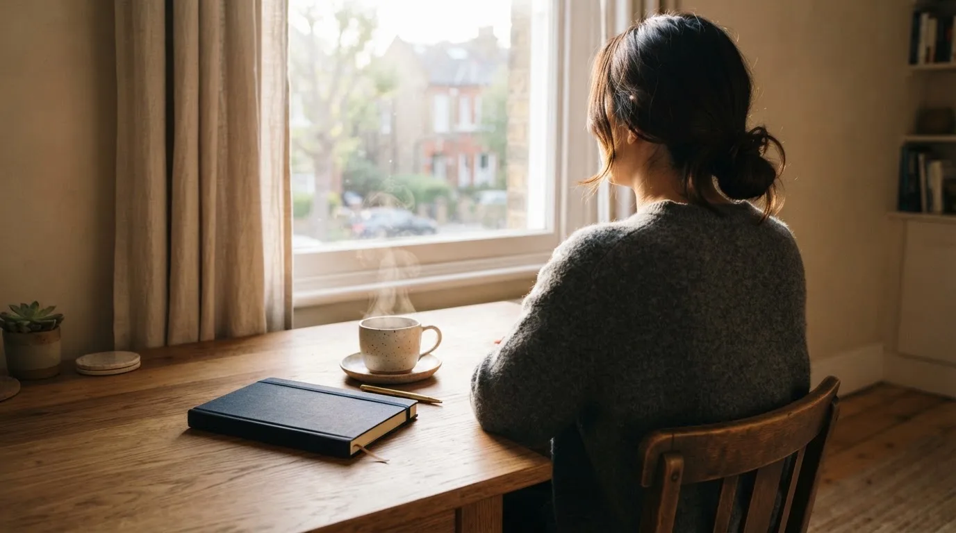 En person sitter vid ett skrivbord hemma med en kopp kaffe och tittar ut genom fönstret i mjukt morgonljus.