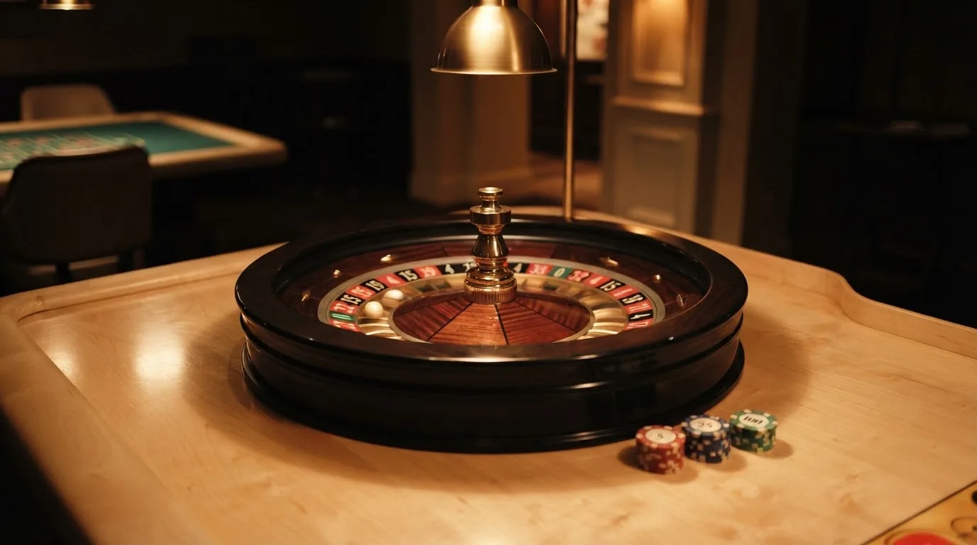 Ett roulettehjul snurrar på ett blankt träbord, den vita kulan glimmar i takljusets guld — live blackjack i sverige