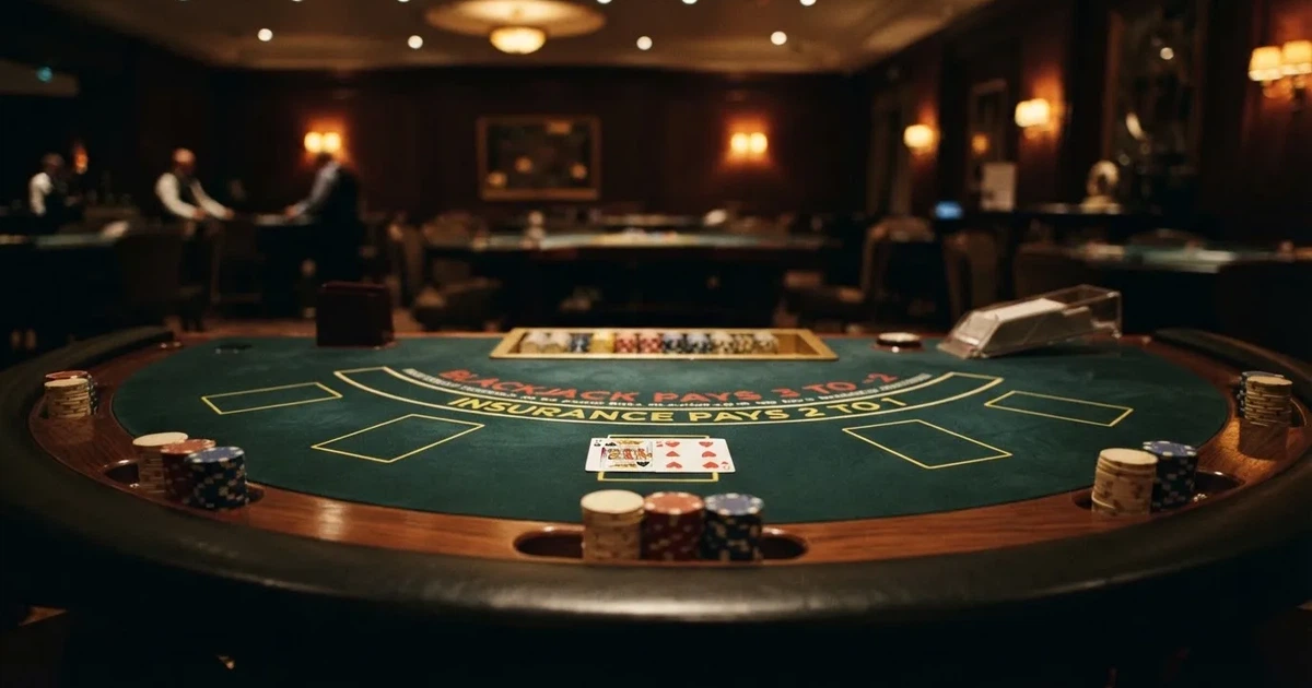 Ett halvmåneformat kortbord i en tyst sal, spelmarker framför varje plats och mjukt takljus — live blackjack i sverige