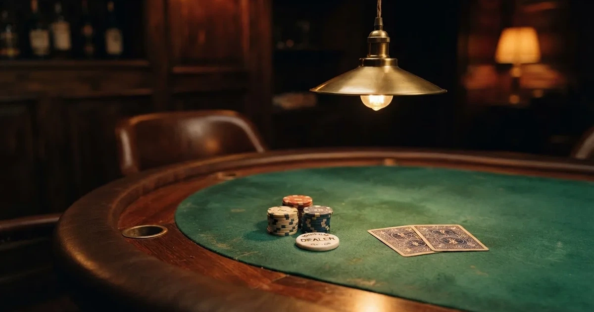 Ett ovalt pokerbord under en lågt hängande lampa, med spelmarker och en vit bricka i ljuset — live kasino i sverige