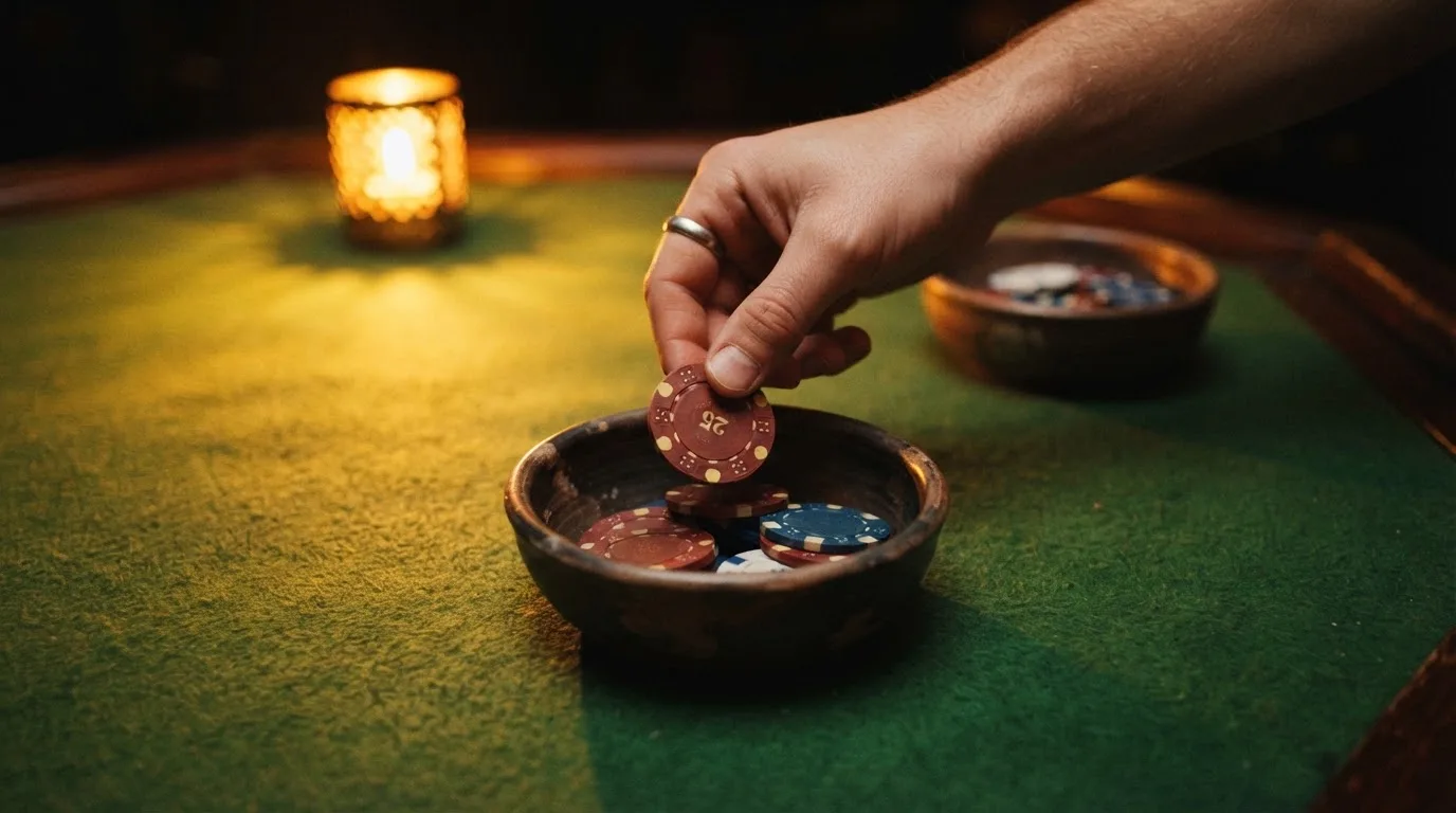 En hand lyfter en spelmark ur en skål, ljuslågan färgar bordet gyllenbrunt — live roulette i sverige