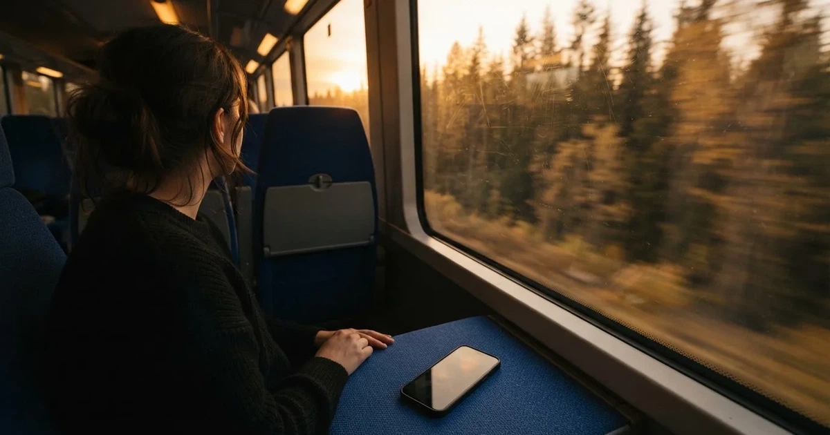 En passagerare vid bussfönstret med en stängd mobil i knät, granar flimrar förbi i solnedgång — mobil kasino i sverige