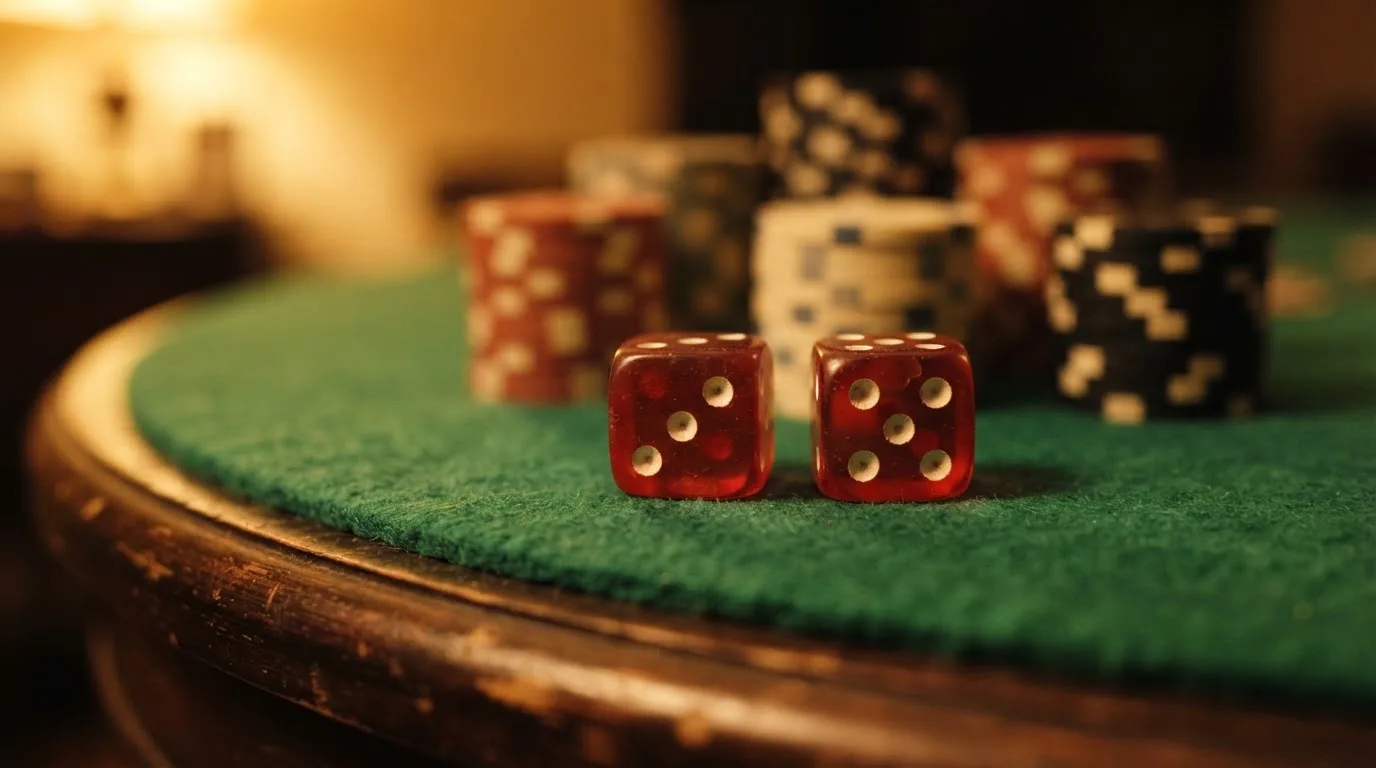 Röda tärningar vilar på grönt filt, bakom dem suddiga torn av spelmarker i kvällsdunklet — nytt casinon i sverige