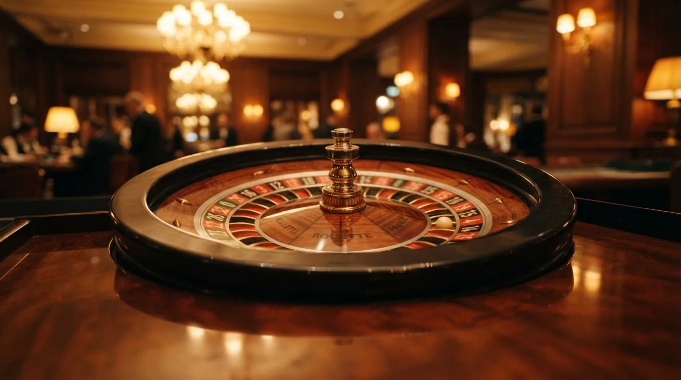 Ett roulettehjul snurrar på ett blankt träbord, den vita kulan glimmar i takljusets guld — online blackjack i sverige