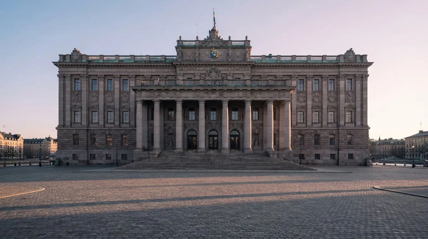 Stenfasad på en statlig byggnad i Stockholm vid gryning, höga pelare och ett tomt torg framför — online blackjack i sverige