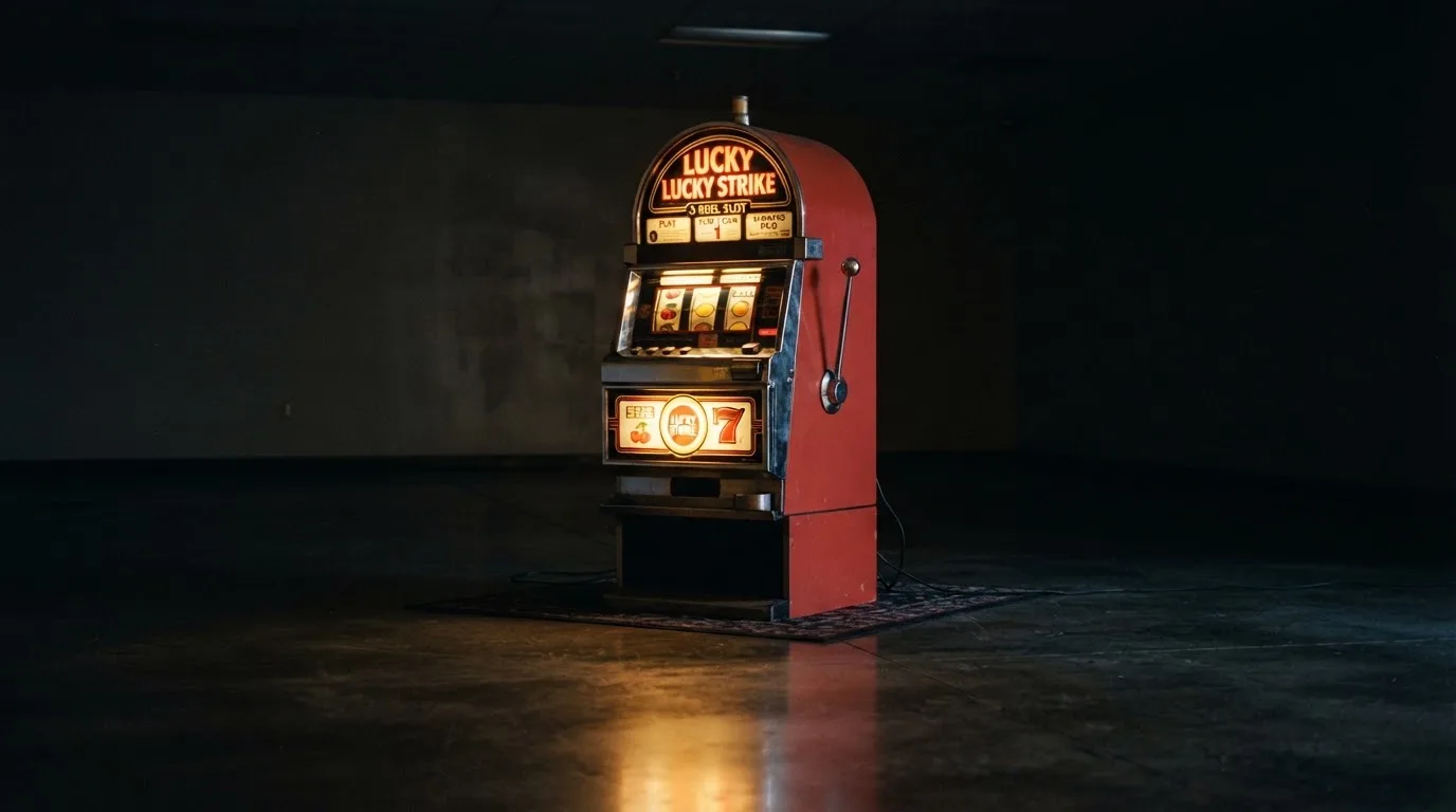 En gammal spelautomat lyser i den dunkla hallen och speglar sig i golvet — populära casinon i sverige