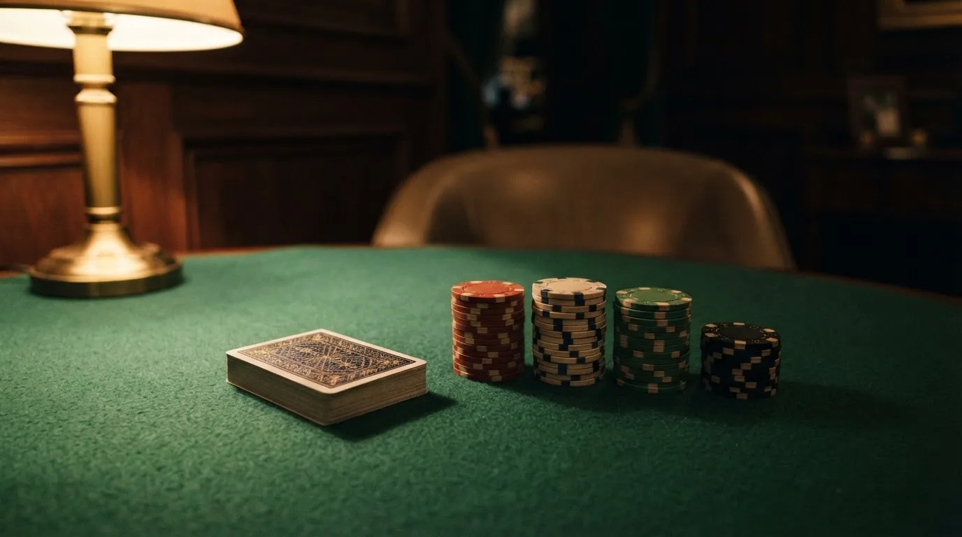 Kortlek och staplar av spelmarker på ett grönt filtbord i en dunkel salong, varmt lampsken — roulette gratis i sverige