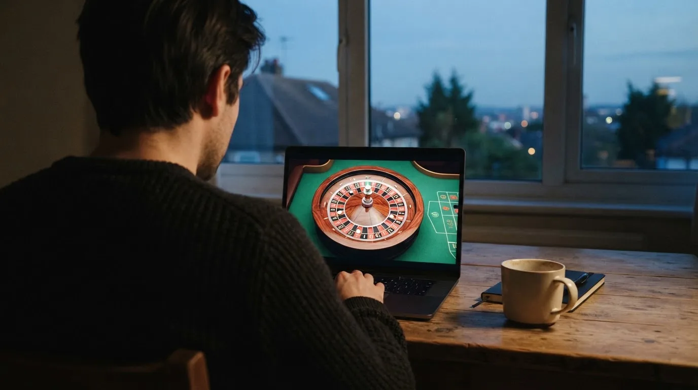 En person sitter vid ett skrivbord hemma med en kopp kaffe och tittar ut genom fönstret medan kvällsljuset faller in mjukt.