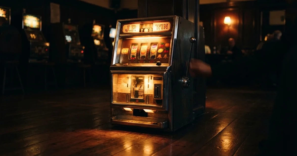 En gammal spelautomat lyser i den dunkla hallen och speglar sig i golvet — säkra casinon i sverige
