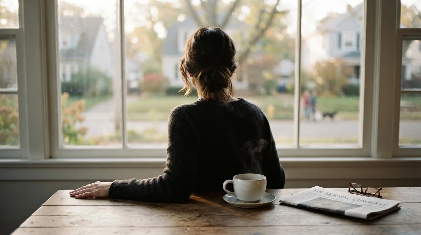 En person sitter vid köksbordet med en kopp kaffe och tittar ut genom fönstret i mjukt morgonljus.