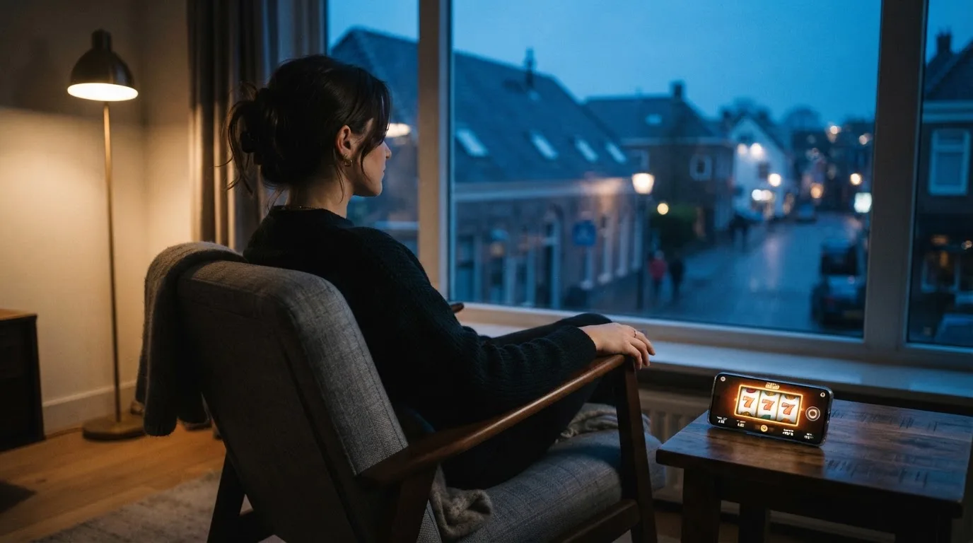 En person sitter ensam i en fåtölj med händerna knäppta och blicken riktad ut genom fönstret en lugn kväll.