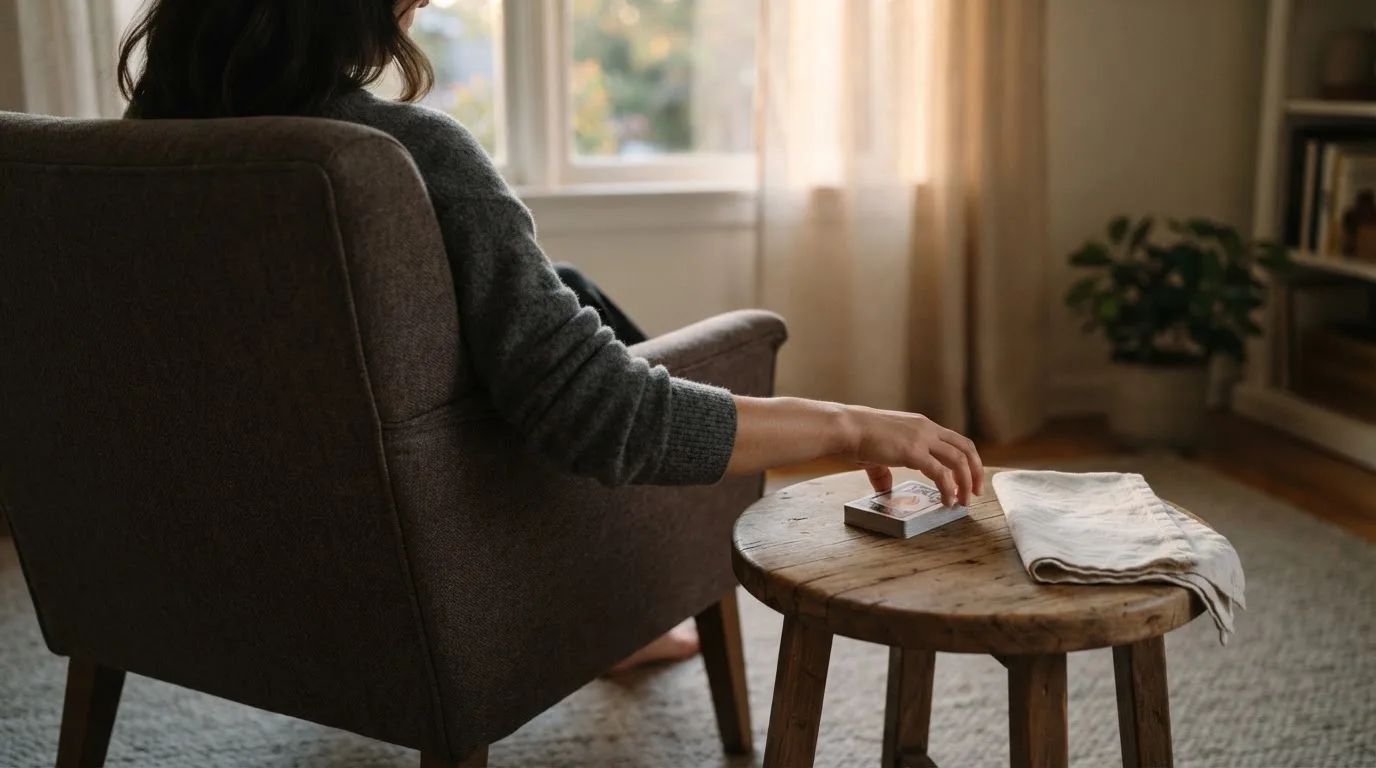 En person sitter hemma i en fåtölj och blandar en kortlek på ett litet bord, med mjukt kvällsljus genom fönstret i bakgrunden.