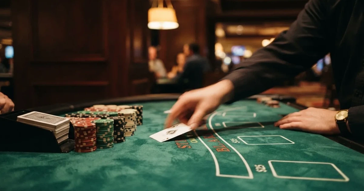 En närbild av ett grönt blackjackbord med kortlek, spelmarker i olika färger och suddiga händer som delar korten i mjukt ljus.