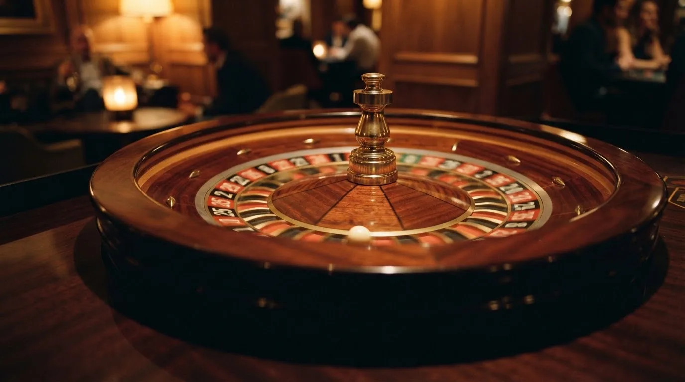 Ett roulettehjul snurrar på ett blankt träbord, den vita kulan glimmar i takljusets guld — spela spelautomater i sverige