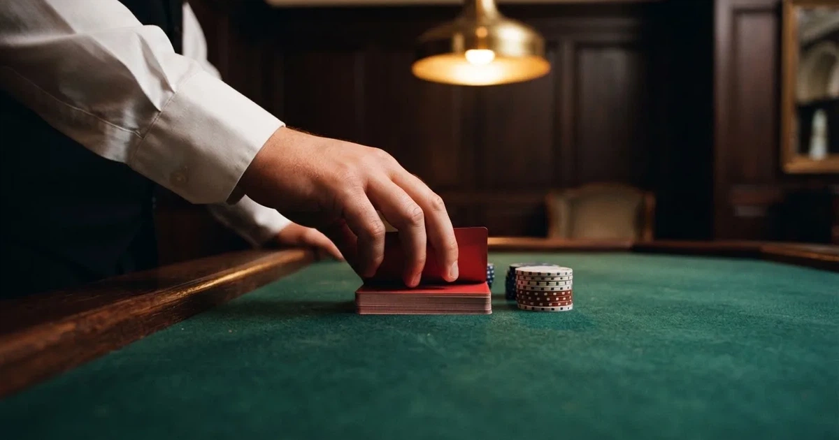 Croupierens händer blandar kort på grönt filt, taklampan speglas i den blanka kortbunten — spela spelautomater i sverige