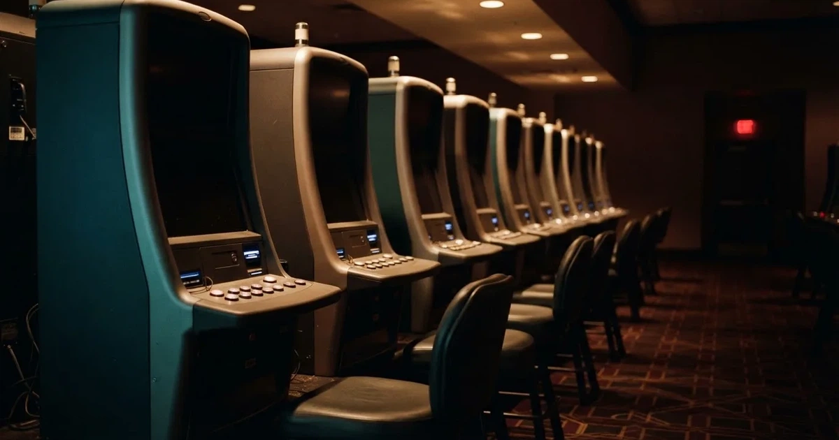 Rader av tomma spelautomater med släckta skärmar står uppställda i ett dimmat rum, fotograferat snett från sidan.