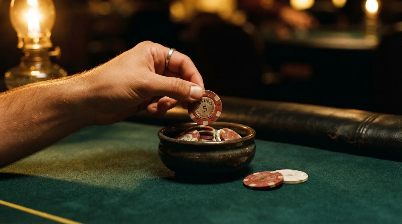 En hand lyfter en spelmark ur en skål, ljuslågan färgar bordet gyllenbrunt — spelautomater på nätet