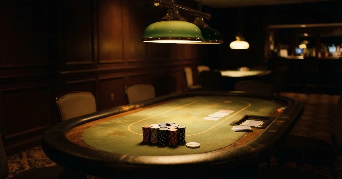 Ett ovalt pokerbord under en lågt hängande lampa, med spelmarker och en vit bricka i ljuset — spelautomater på nätet