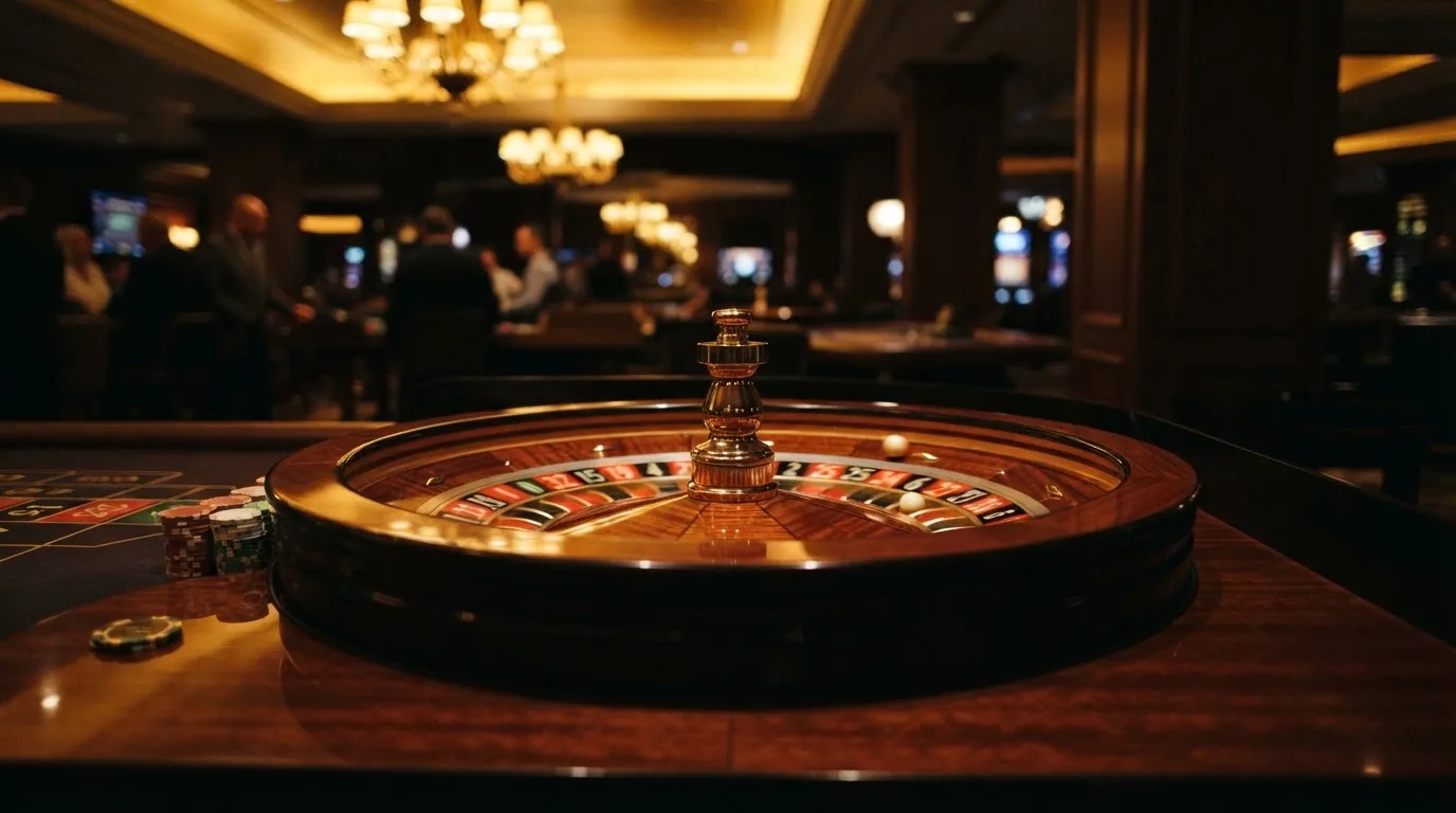 Ett roulettehjul snurrar på ett blankt träbord, den vita kulan glimmar i takljusets guld — svenska casino betala med telefon