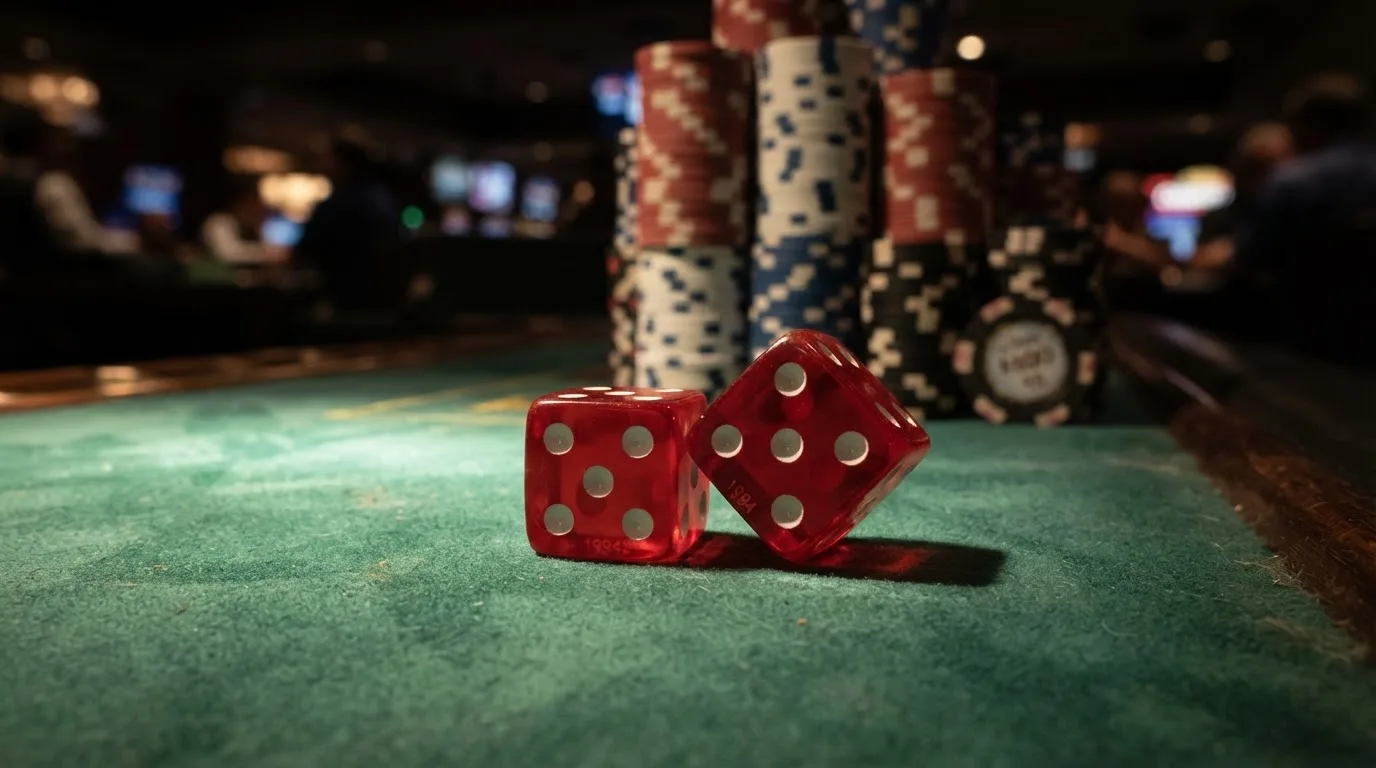 Röda tärningar vilar på grönt filt, bakom dem suddiga torn av spelmarker i kvällsdunklet — svenska casinon för high rollers