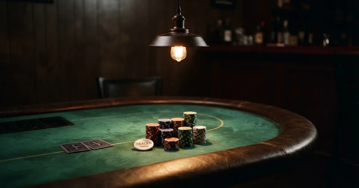 Ett ovalt pokerbord under en lågt hängande lampa, med spelmarker och en vit bricka i ljuset — svenska casinon för high rollers