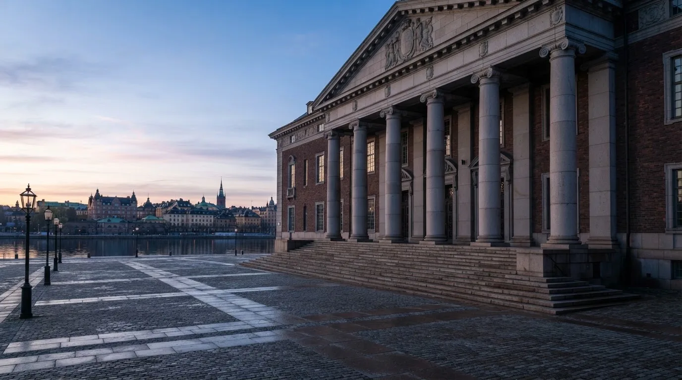 Stenfasad på en statlig byggnad i Stockholm vid gryning, höga pelare och ett tomt torg framför — svenska casinon för high rollers