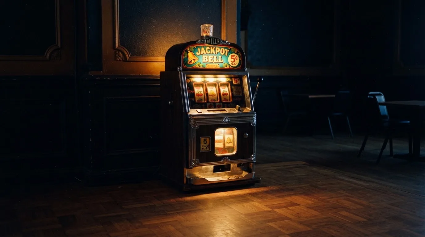 En gammal spelautomat lyser i den dunkla hallen och speglar sig i golvet — svenska casinon för storspelare