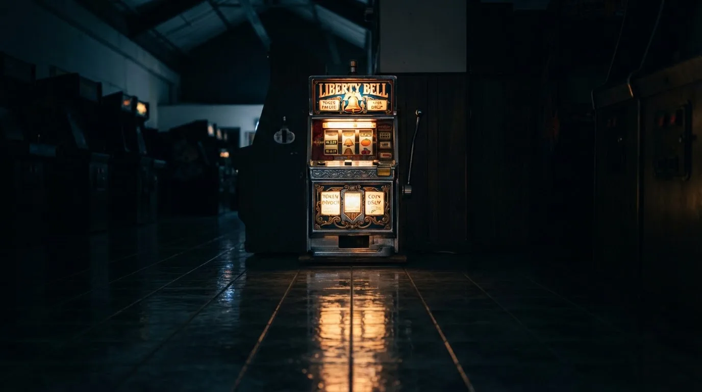 En gammal spelautomat lyser i den dunkla hallen och speglar sig i golvet — svenska casinon med banköverföring