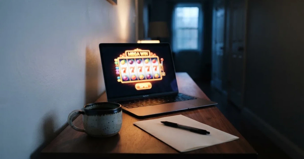 Kaffekopp och penna på ett smalt hallbord i skymning, en stängd bärbar dator vid sidan — svenska casinon med banköverföring